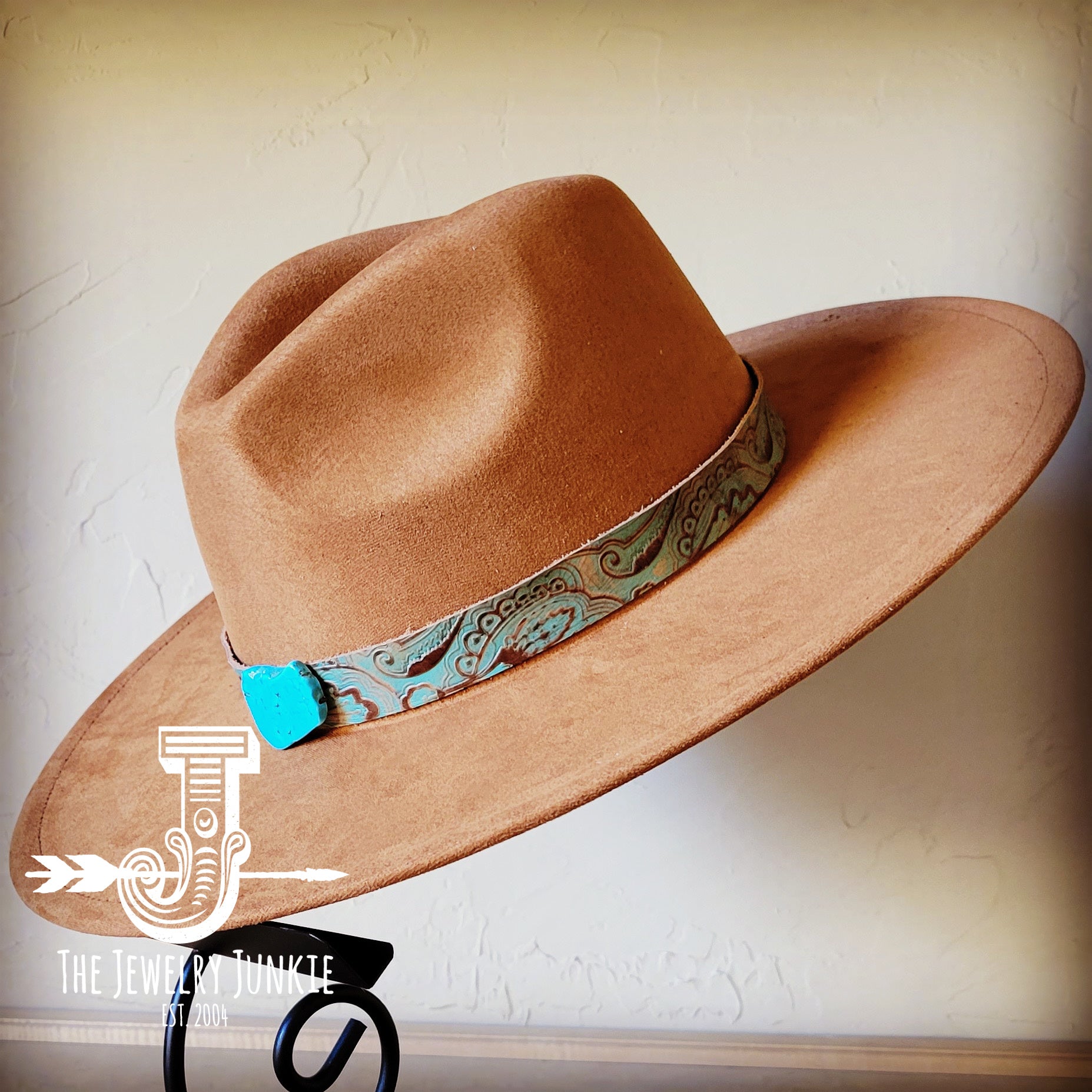 Boho Western Felt Hat w/ Choice of Leather Hat Band w/ Turquoise Slab-Tan