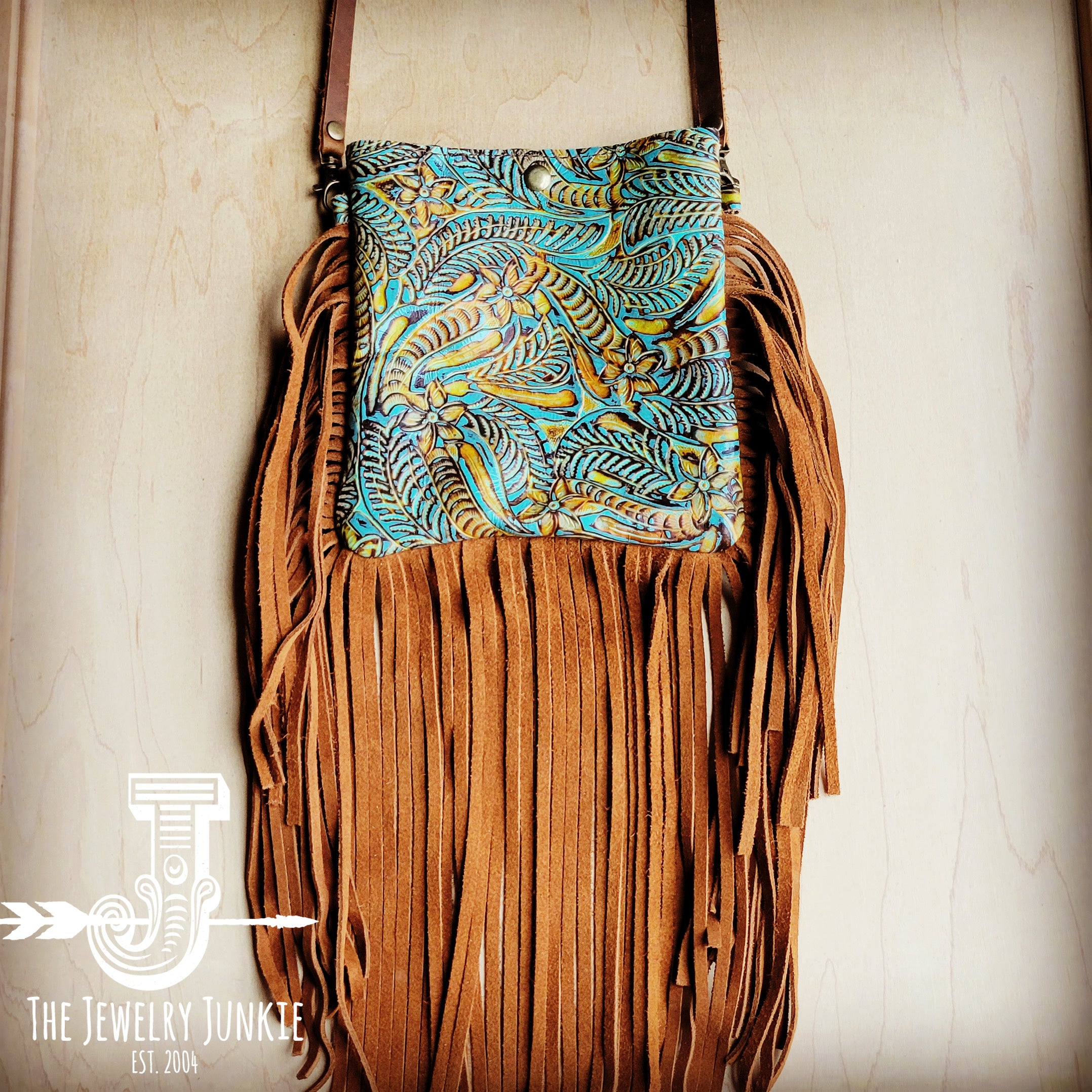 Small Crossbody Handbag w/ Dallas Turquoise Leather Full Fringe 507C