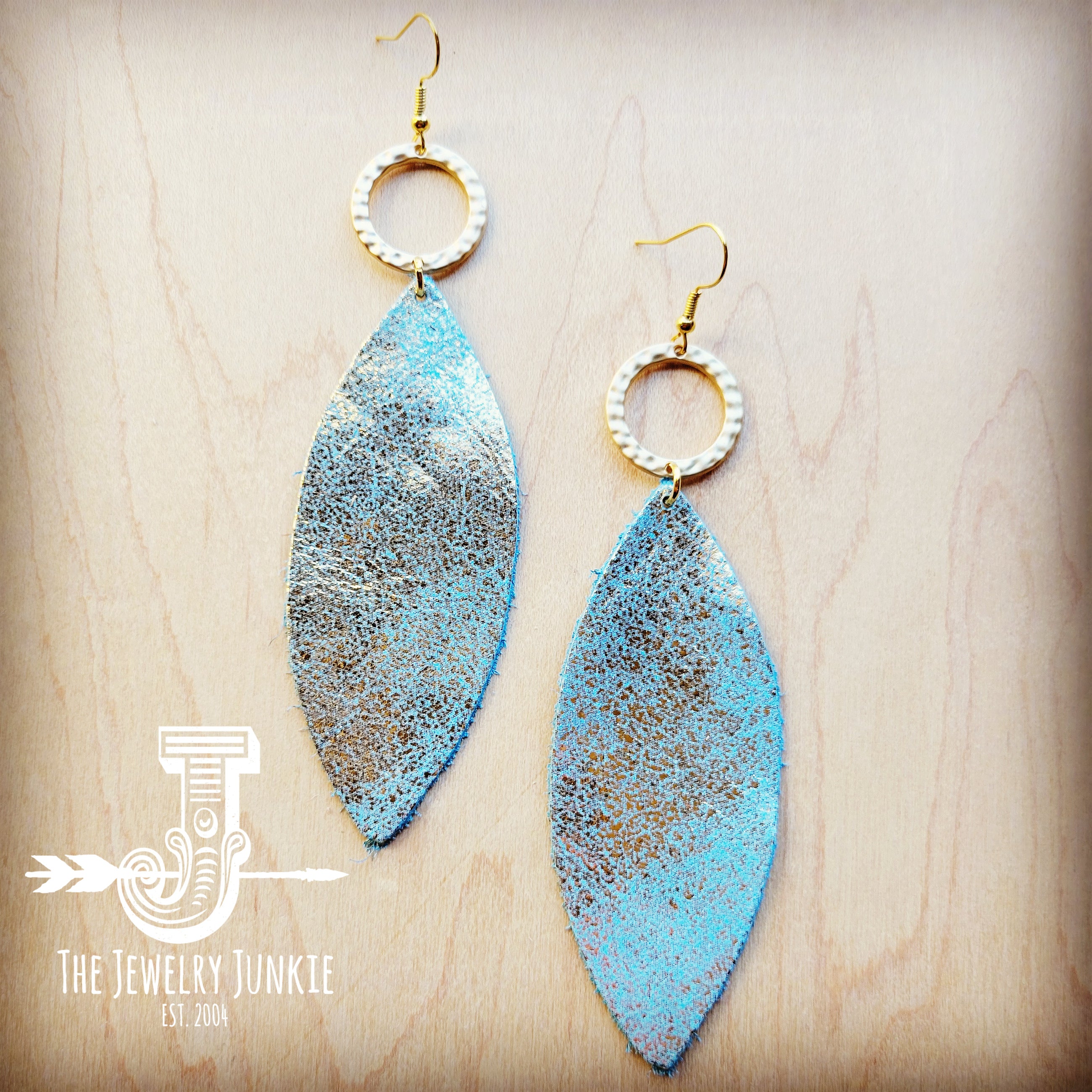 Narrow Leather Oval Earrings Heavy Metal Turquoise w Matte Gold Hoop 211a