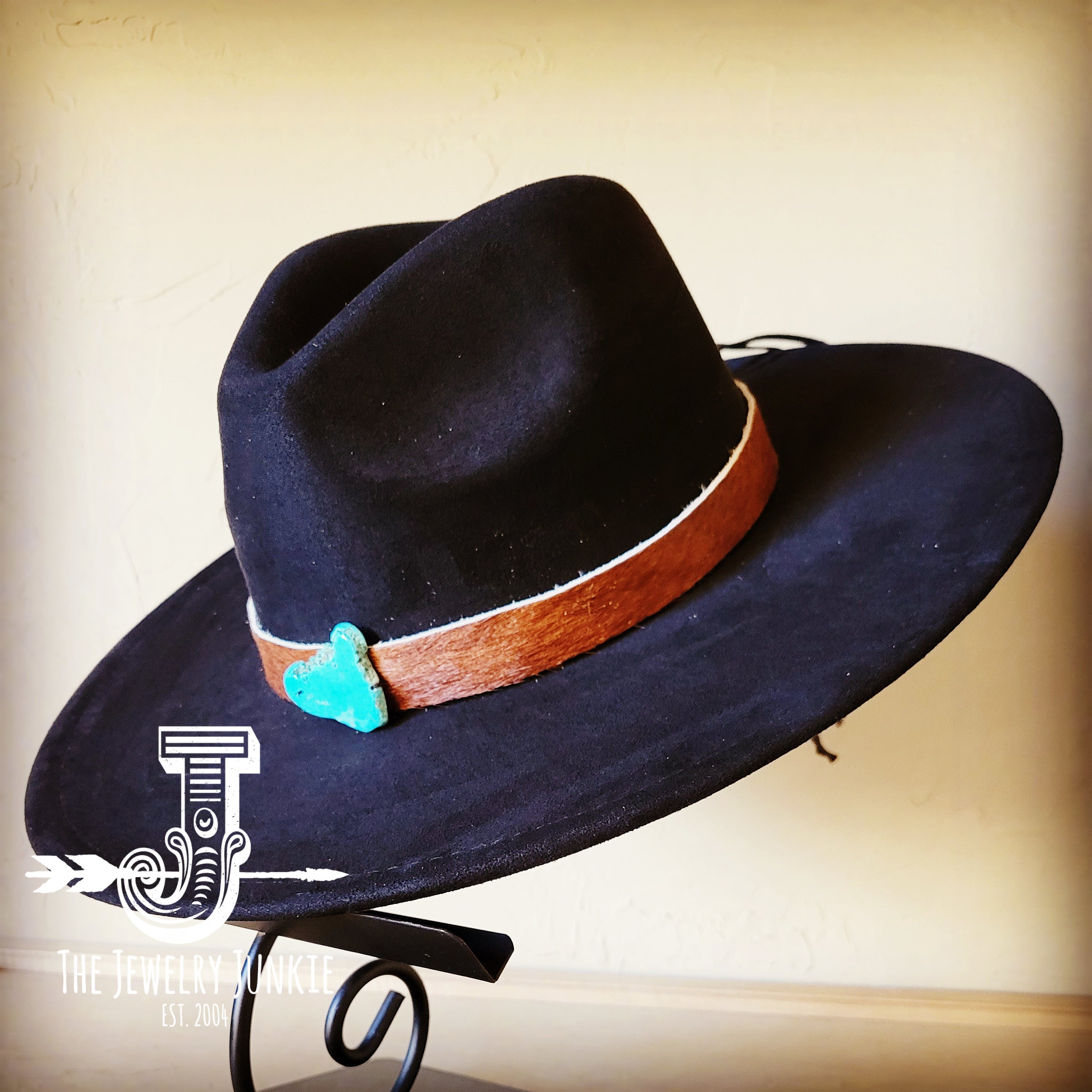 Boho Western Felt Hat w/ Choice of Leather Hat Band w/ Turquoise Slab-Black