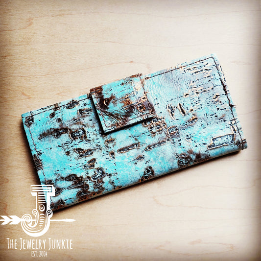 **Embossed Leather Wallet in Turquoise Metallic w/ Snap 302e