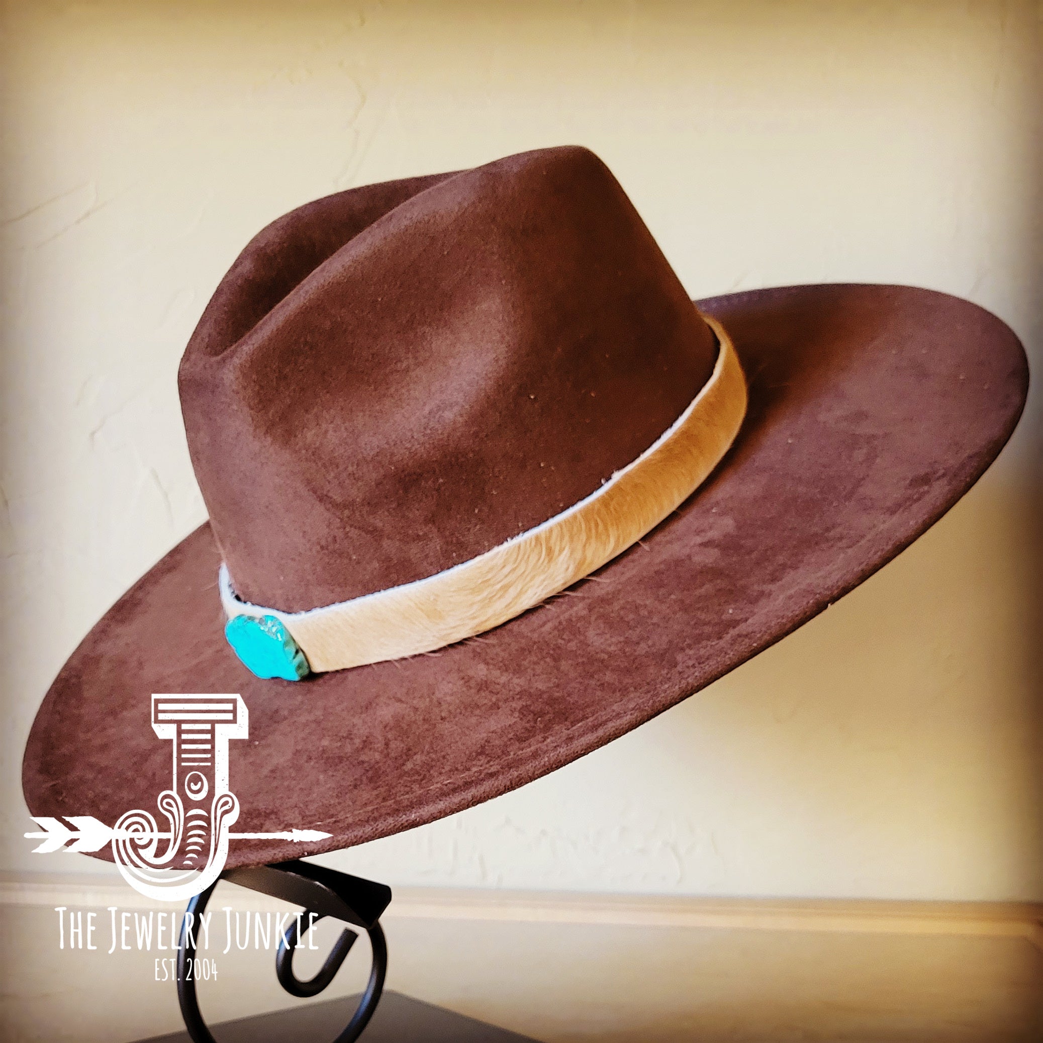 Light Hair on Hide Leather Hat Band w/ Turquoise Slab