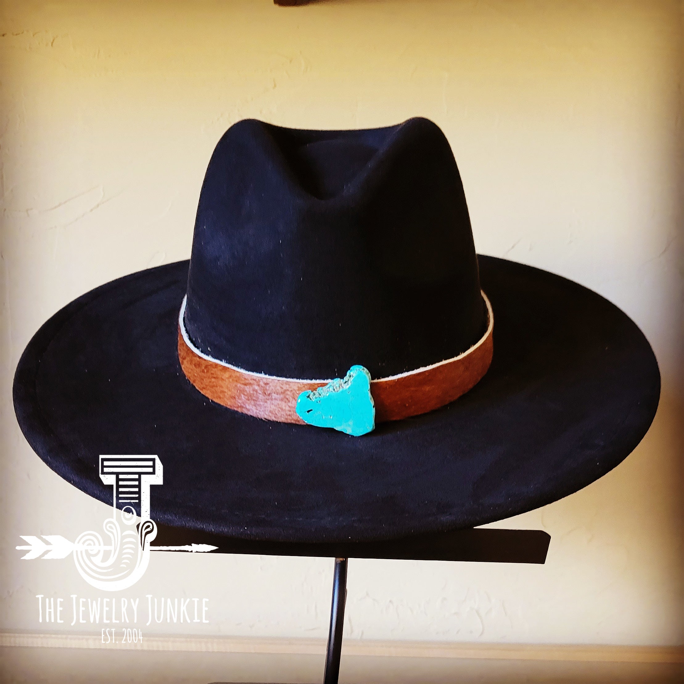 Dark Hair on Hide Leather Hat Band w/ Turquoise Slab