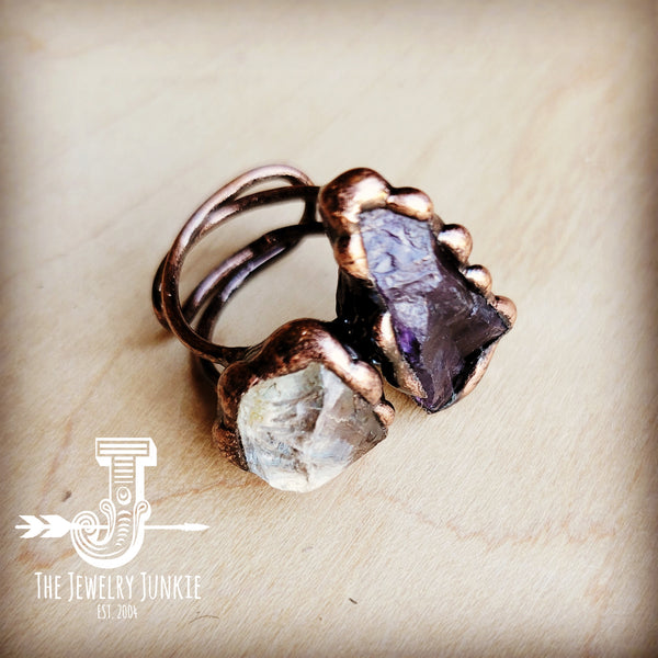 Genuine Amethyst and Quartz Ring in a Copper Setting 012a