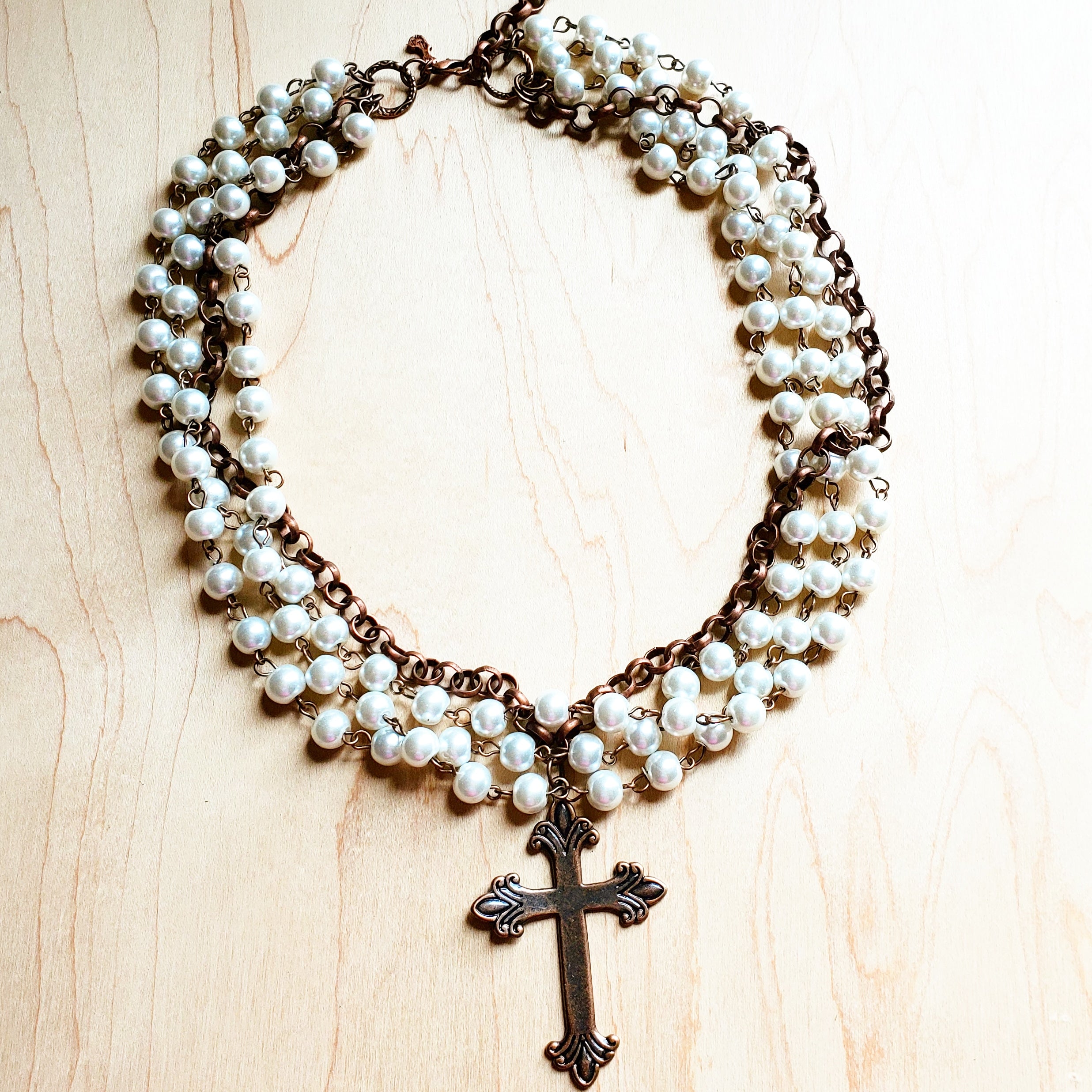 Pearl and Copper Choker with Copper Cross