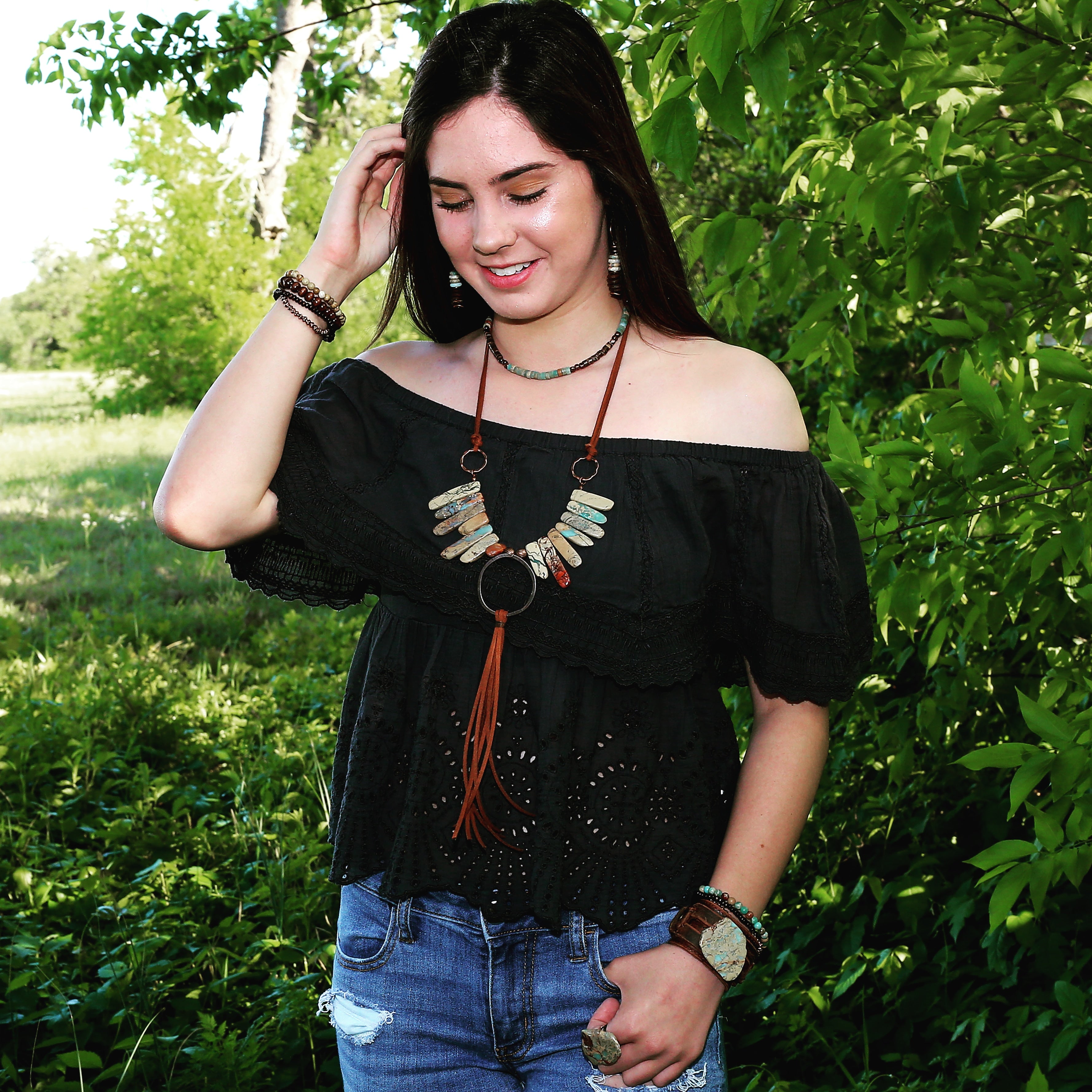 Hammered Copper Hoop on Aqua Terra Necklace with Long Fringe 225o - The Jewelry Junkie