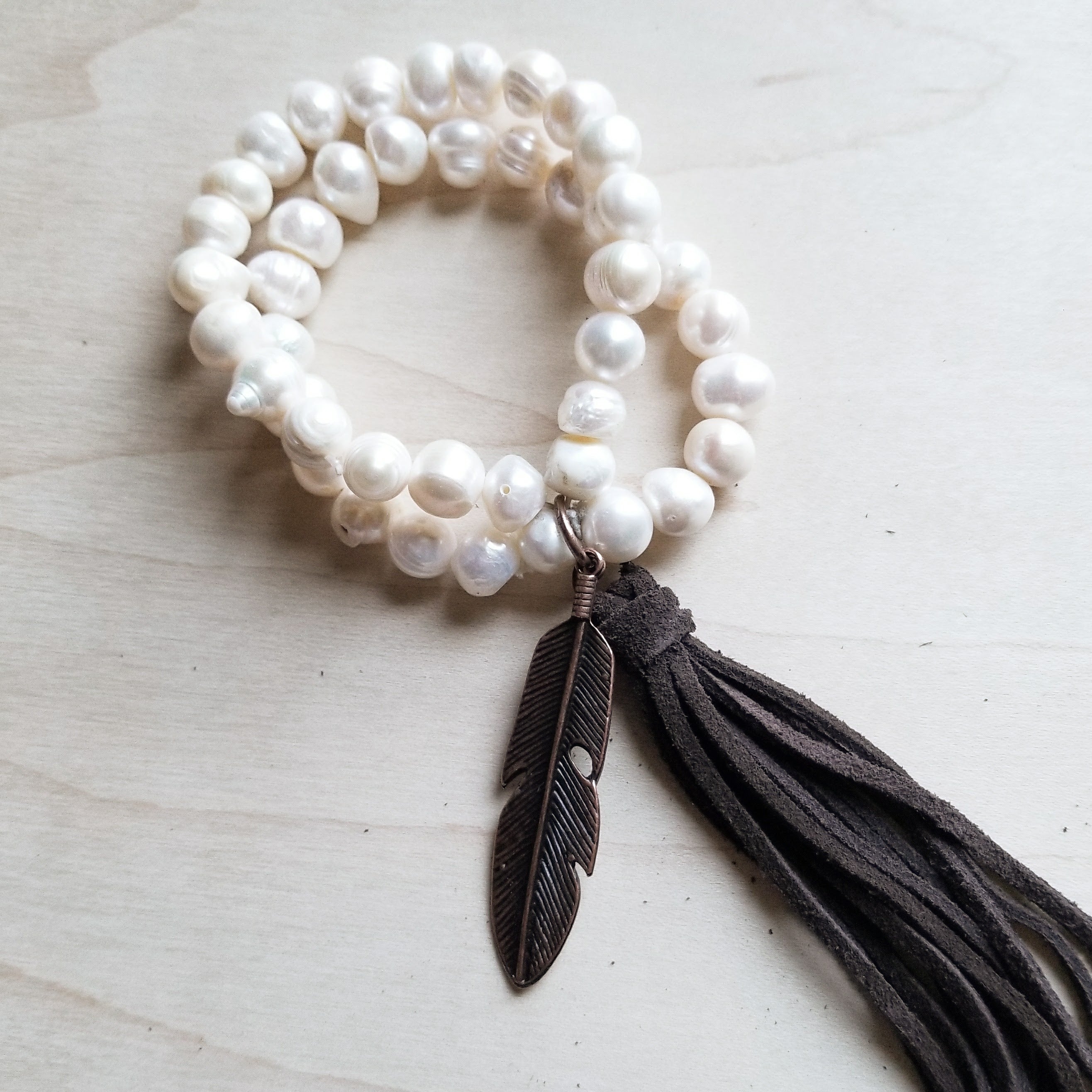 Double Strand GENUINE PEARL Bracelet With COPPER FEATHER 052D* - The Jewelry Junkie