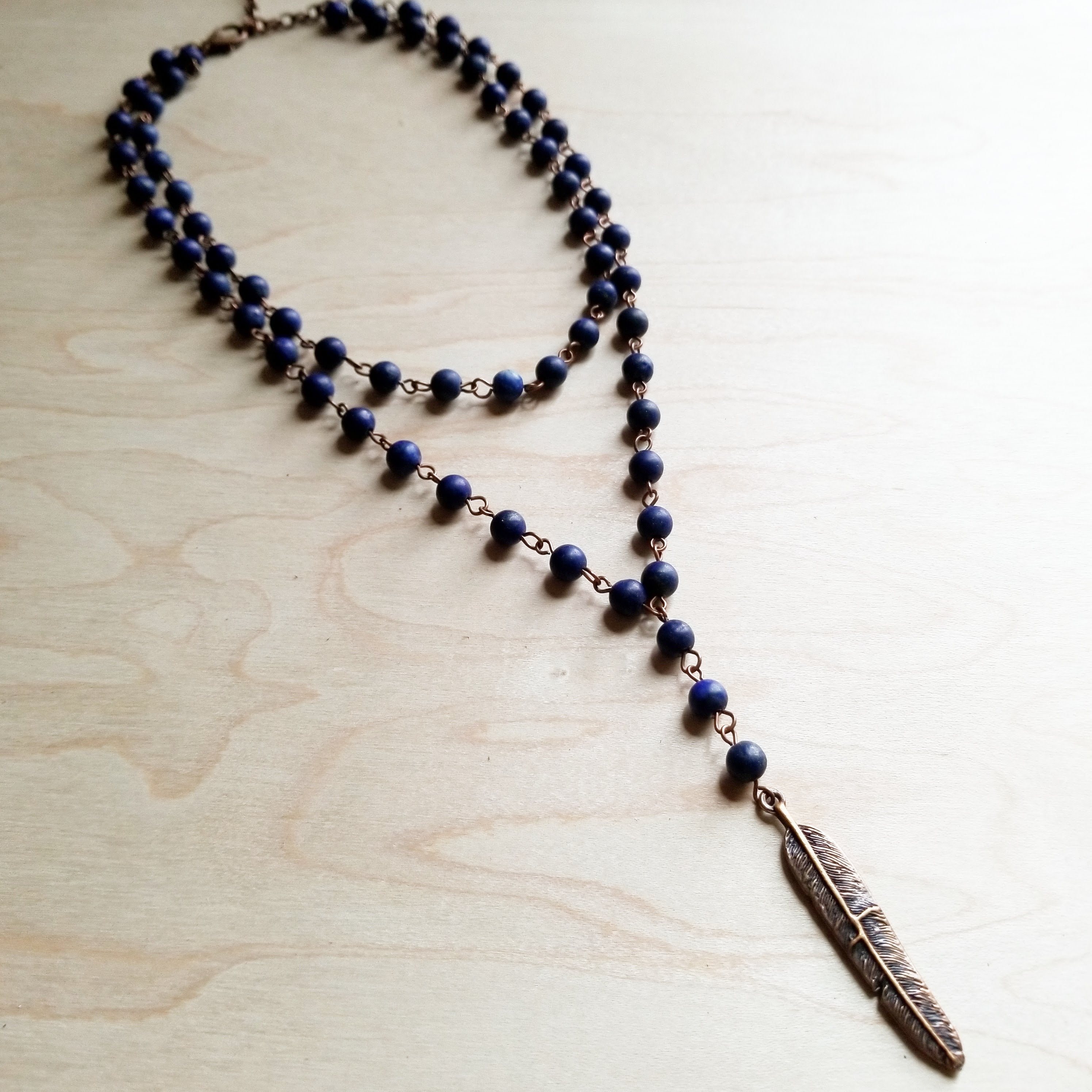 Double Strand Lariat in Frosted Blue Lapis with Copper Feather 244z - The Jewelry Junkie