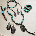 Blue Turquoise Chunk on Narrow Leather Cuff 005W - The Jewelry Junkie