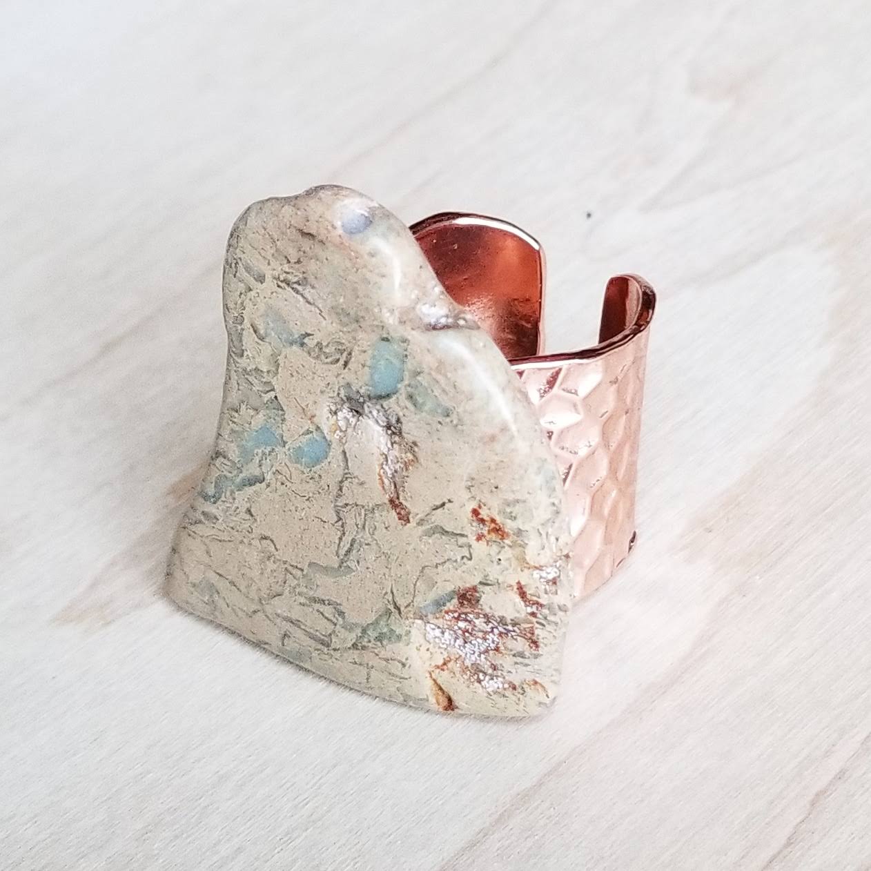 Chunky Aqua Terra Slab on Hammered Copper Cuff Ring Base 012r - The Jewelry Junkie