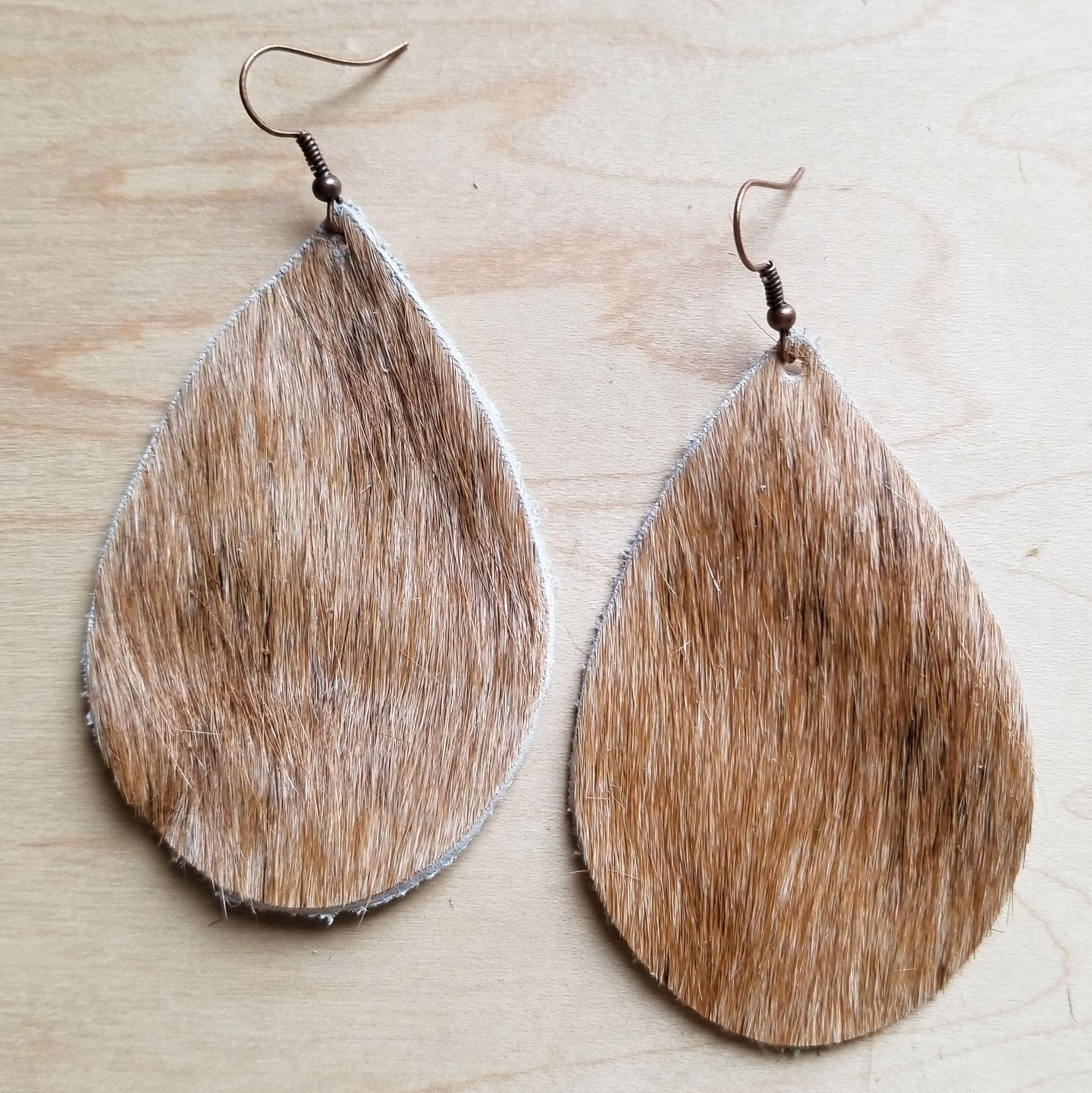 Leather Teardrop Earrings Tan and White Hair-on-Hide 222d - The Jewelry Junkie