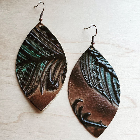 **Leather Oval Earrings in Embossed Tan/Turquoise Feathers 224h
