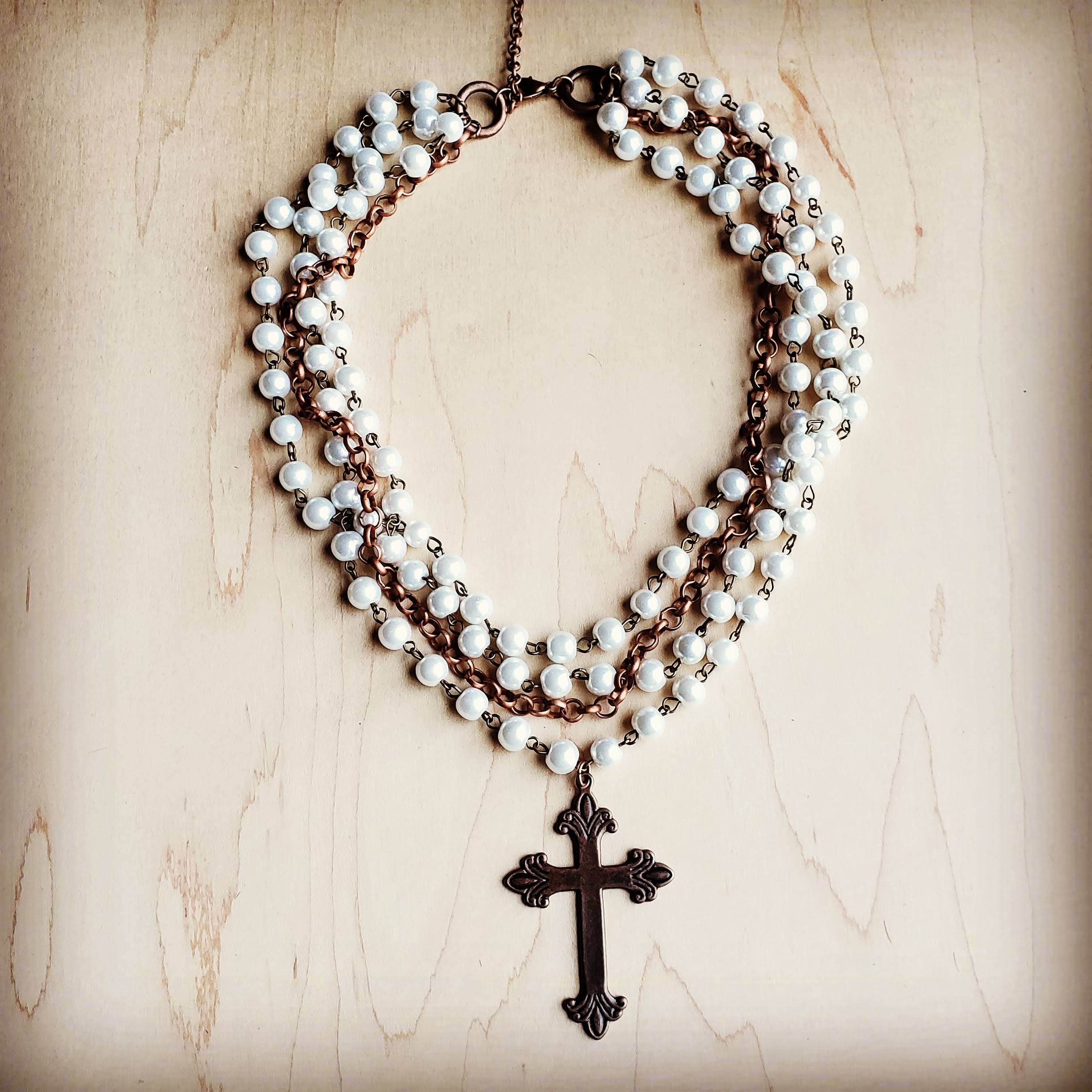 Pearl and Copper Choker with Copper Cross