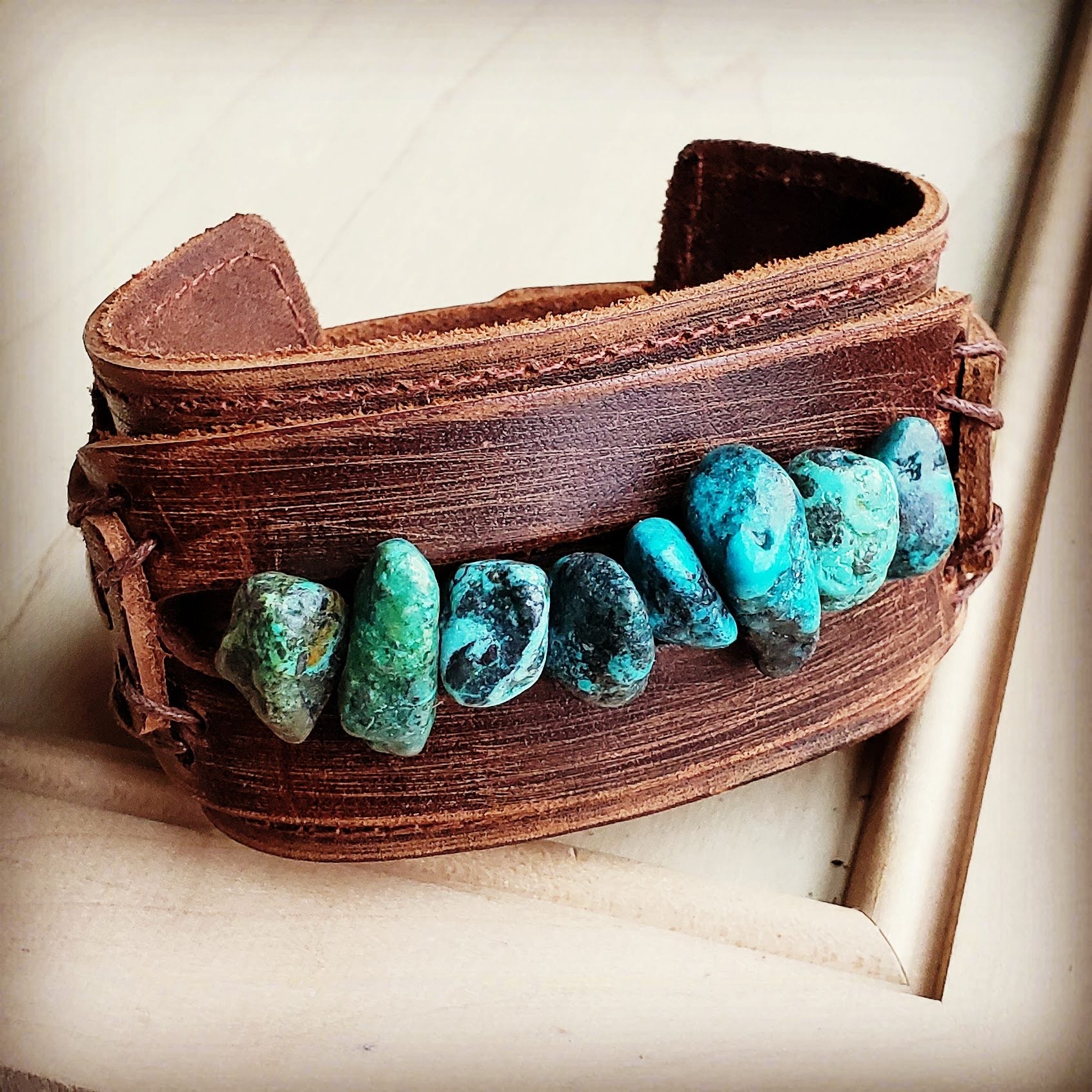 Dusty Leather Wide Cuff with Large Natural Turquoise Chunks
