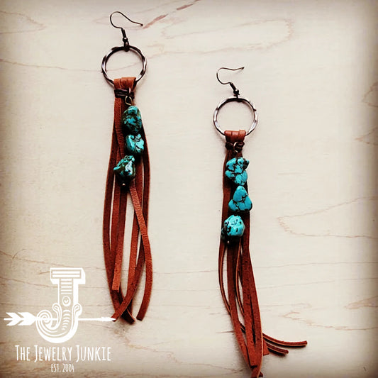 Leather Fringe Earrings with Turquoise Chunks Tan 223f
