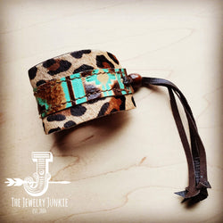 Leather Cuff w/ Leather Tie-Turquoise Navajo and Leopard (011v)