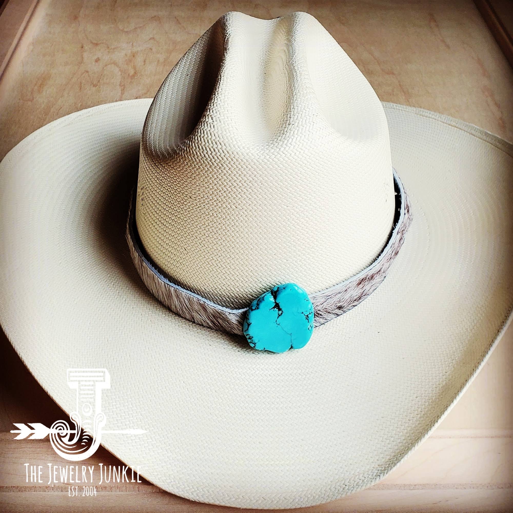 Hair-on-Hide Leather Hat Band w/ Turquoise Slab