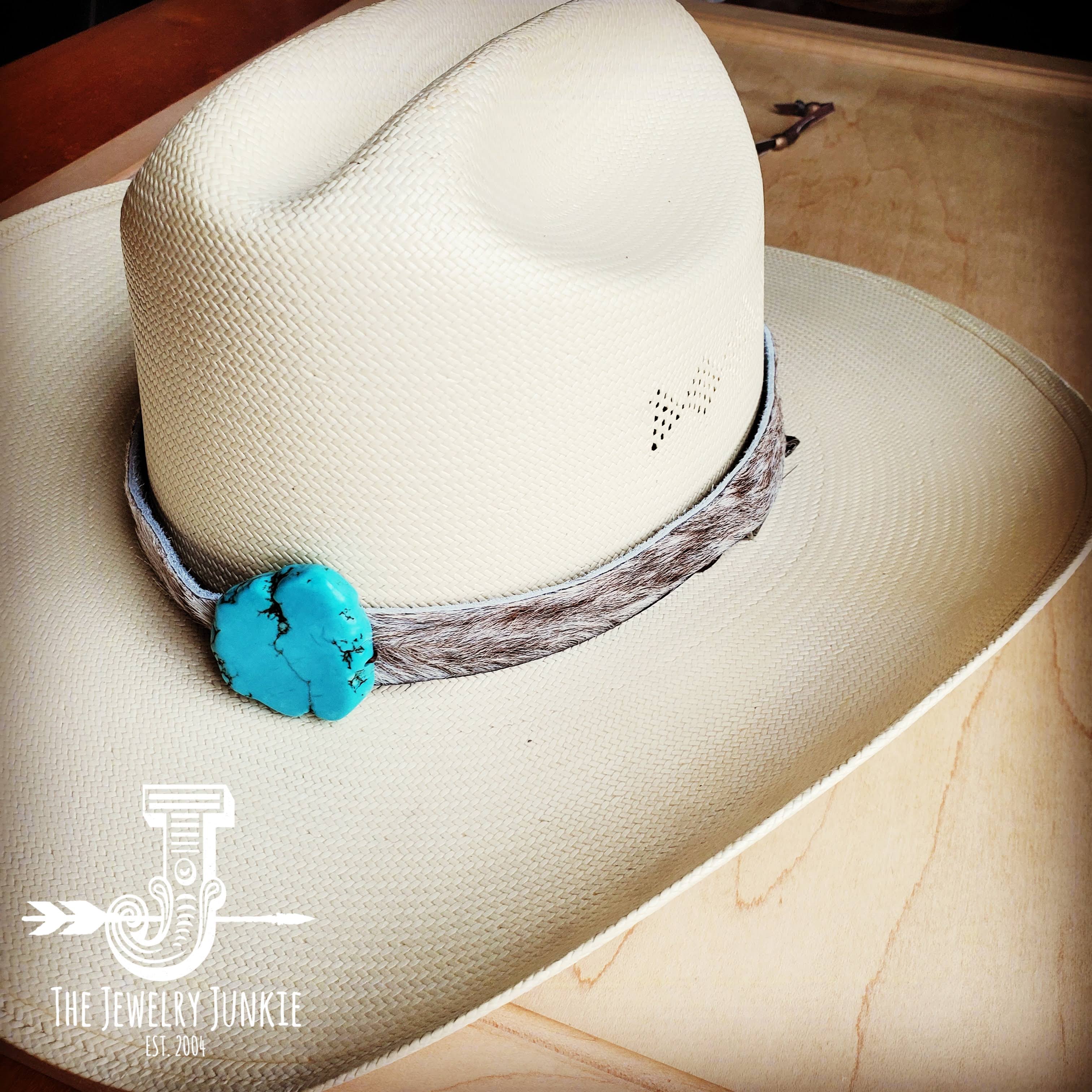 Hair-on-Hide Leather Hat Band w/ Turquoise Slab