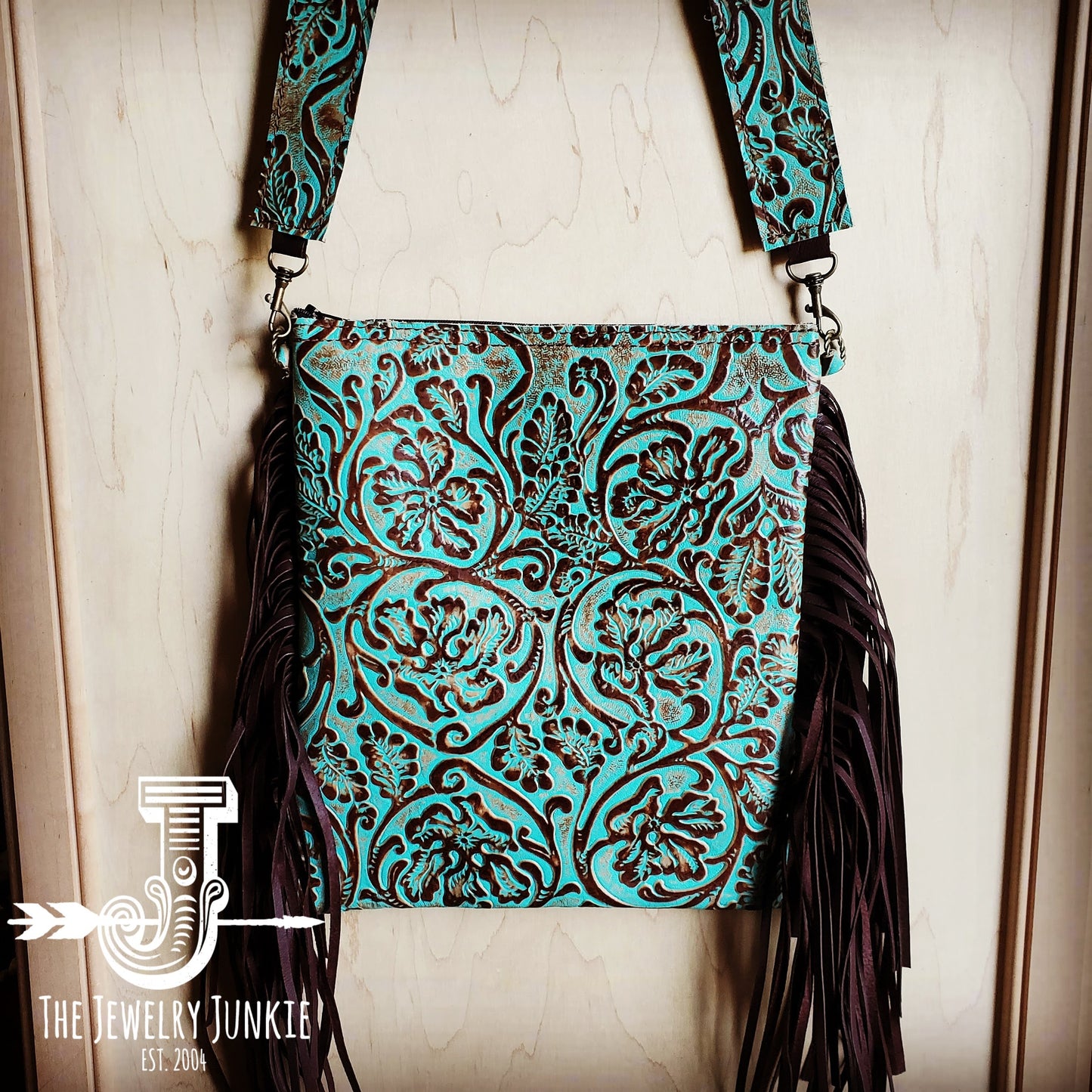 **Embossed Leather Crossbody Strap in Cowboy Turquoise 400j