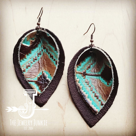 **Leather Double Stacked Earrings-Turquoise Navajo 203m