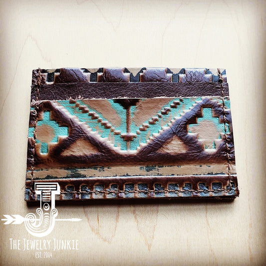 Embossed Leather Credit Card Holder-Turquoise Navajo 601j