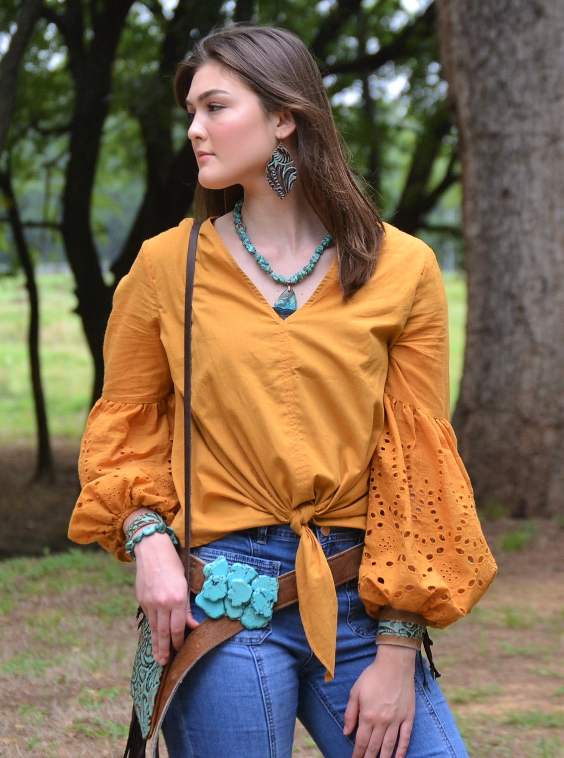 Leather Oval Earrings-Turquoise Brown Floral