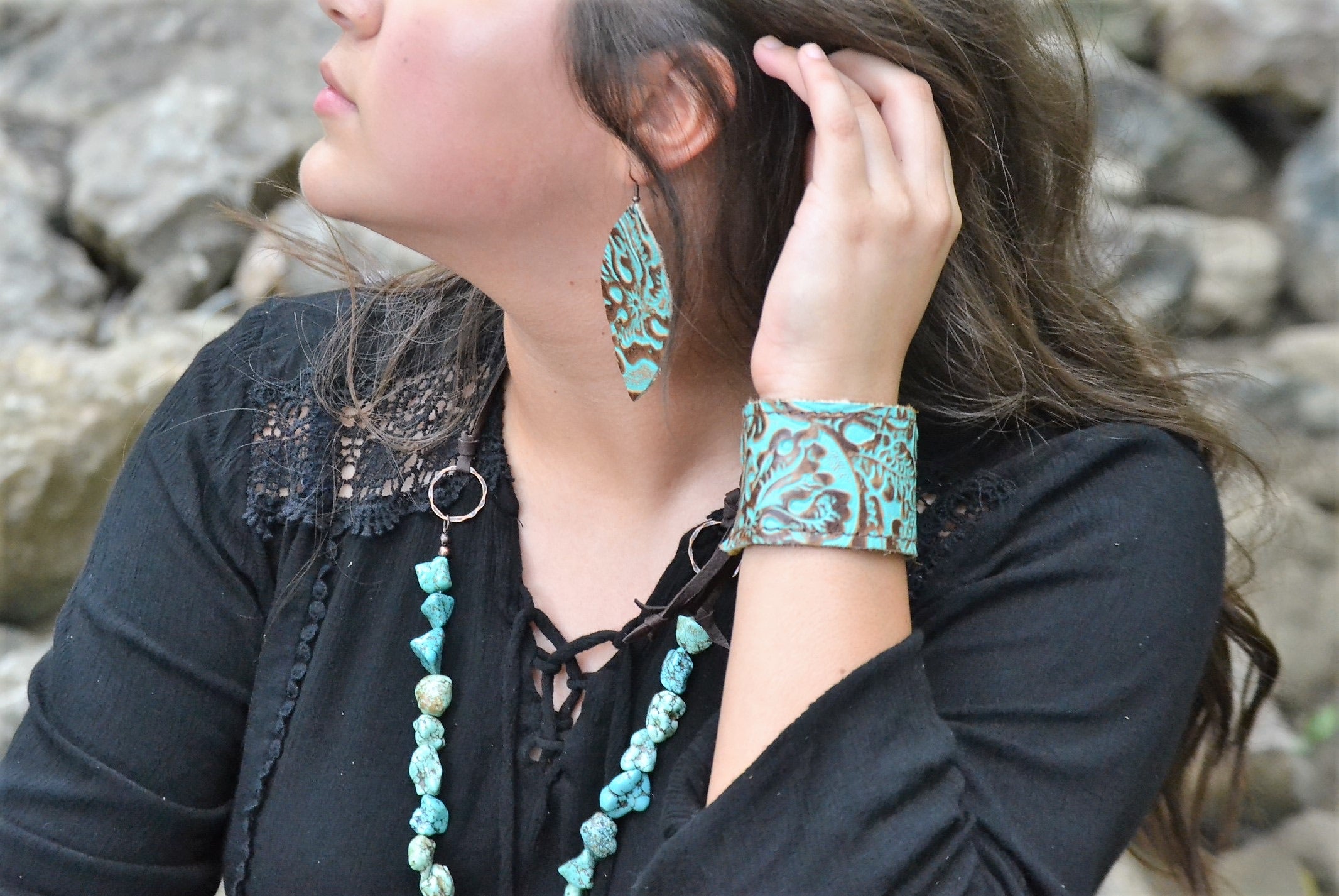 Leather Oval Earrings-Cowboy Turquoise