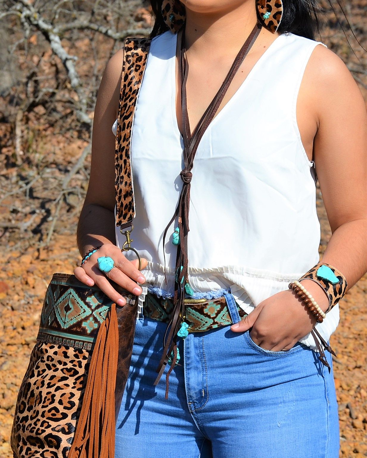 Wearing Brown Leather Lasso Necklace w/ Turquoise Accents
