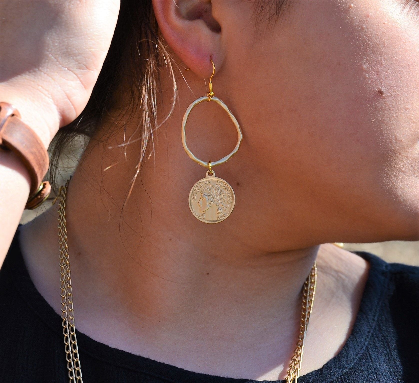 A Girl Wearing Matte Gold Hoop w/ Coin Drop Earring