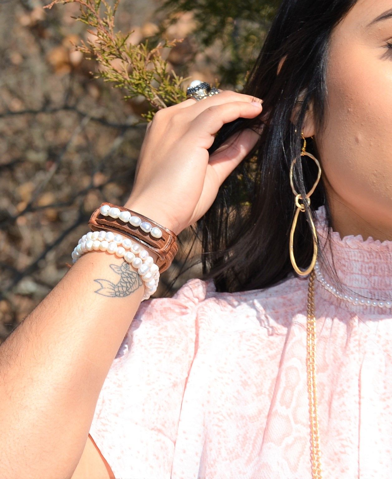 A Girl Wearing Dusty Leather Narrow Cuff with Genuine Freshwater Pearls