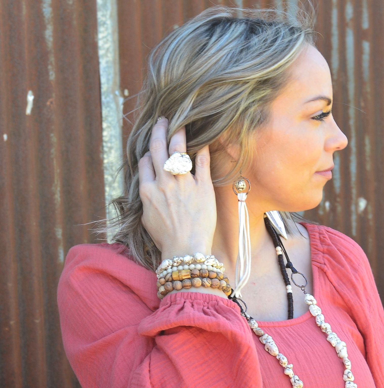 Girl Wearing Turquoise Drop Earrings w/ Leather Tassel-Cream