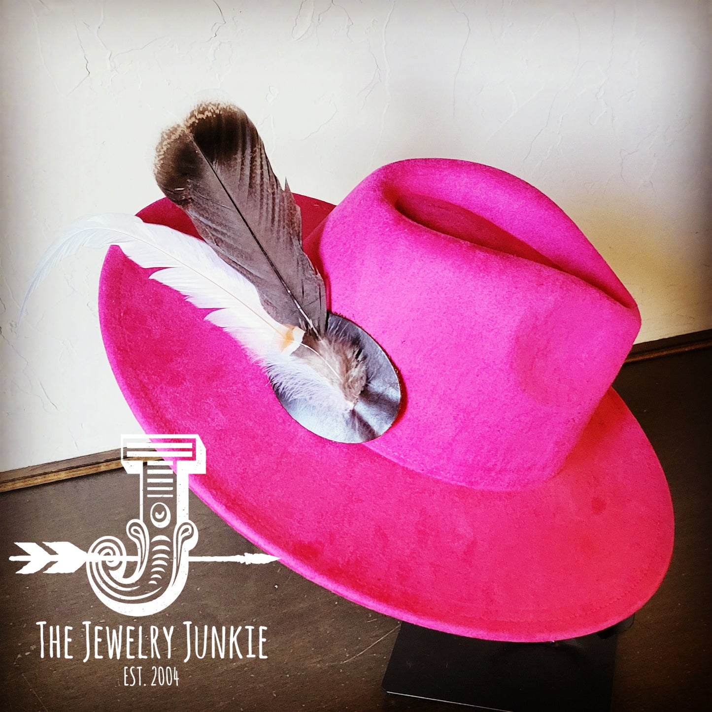 Boho Western Hat w/ Feather Tie Hat Band-Magenta 982r