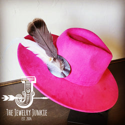 Boho Western Hat w/ Feather Tie Hat Band-Magenta 982r
