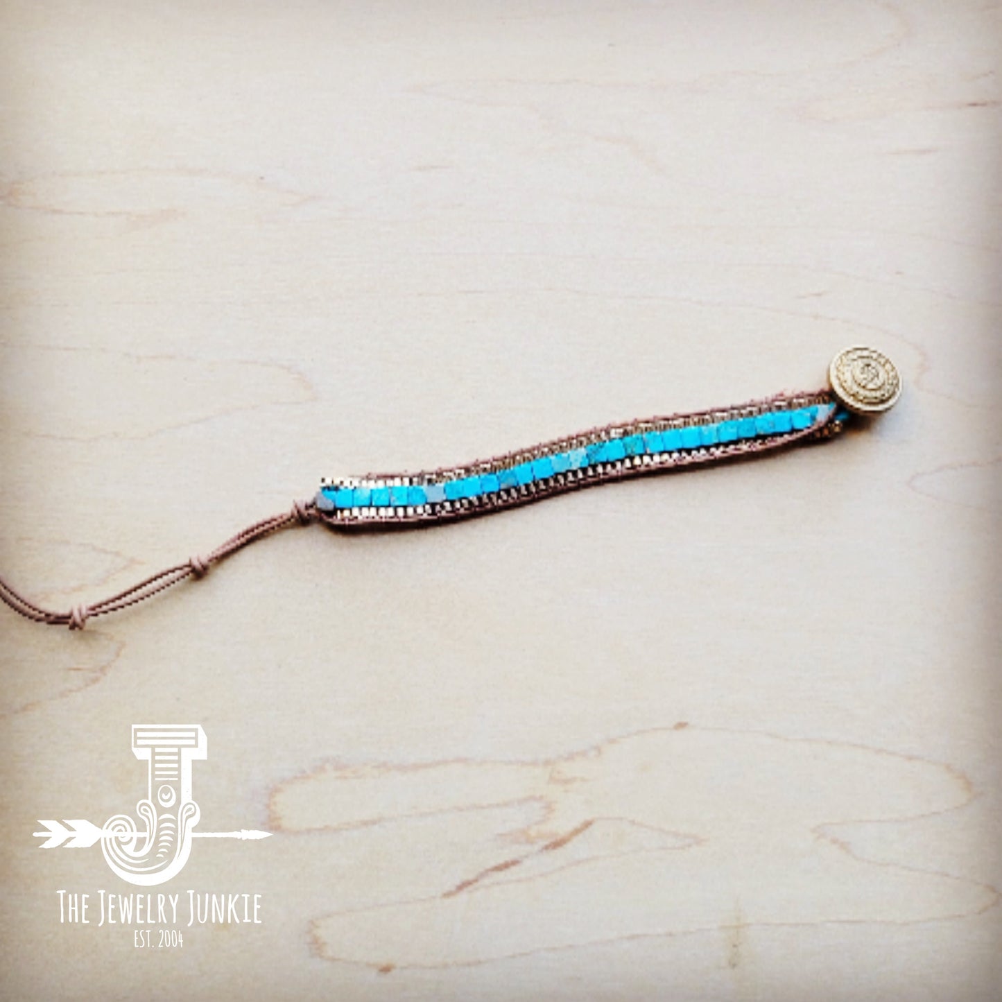 Woven Turquoise & Bronze Stacked Stone Bracelet 809r