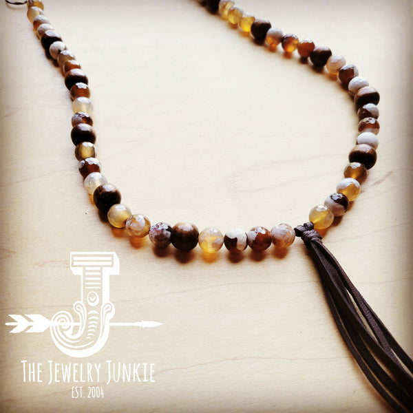 *Agate Necklace with Wood Beads and Leather Tassel 256k