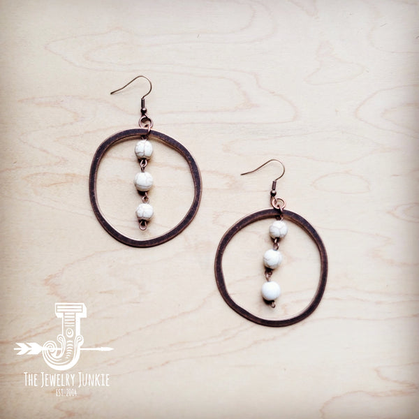 Western Copper Hoop Earrings w/ White Turquoise Beads 224g