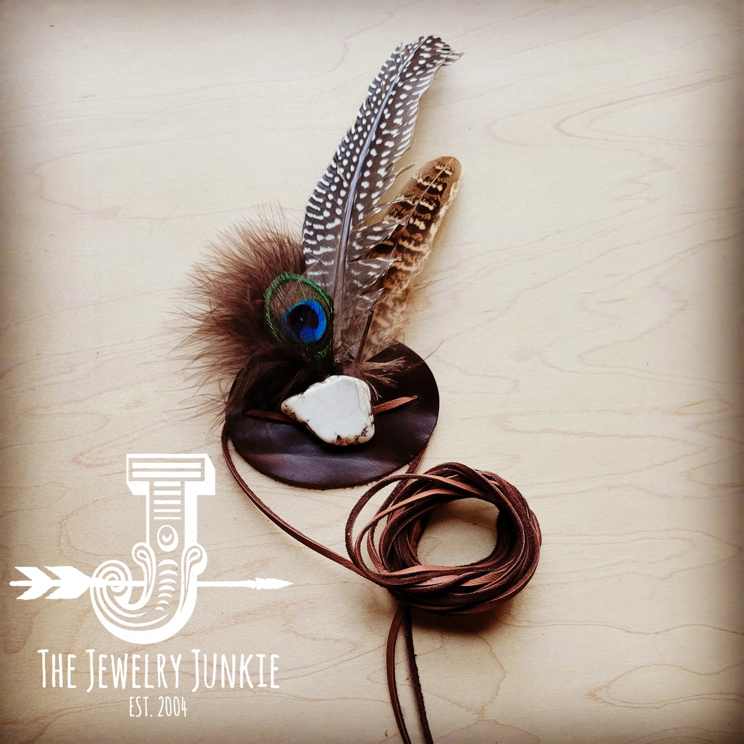 White Turq, Peacock Feather, & Leather Hat Band (Band Only) 980v