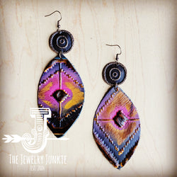 Leather Oval Earrings in Magenta Navajo w/ Copper Discs 215u