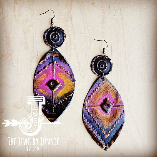 Leather Oval Earrings in Magenta Navajo w/ Copper Discs 215u