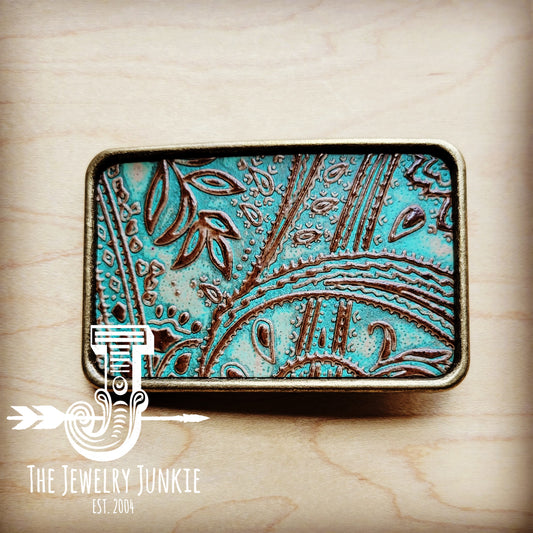 **Rectangle Turquoise Paisley Leather Belt Buckle 904w