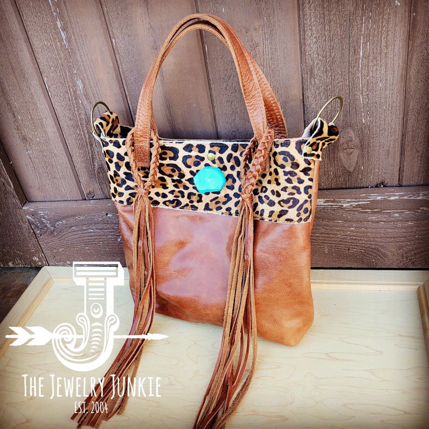 Tejas Brown Leather Bucket Hide Handbag w/ Leopard & Turquoise 512b