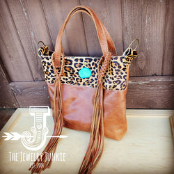 Tejas Brown Leather Bucket Hide Handbag w/ Leopard & Turquoise 512b