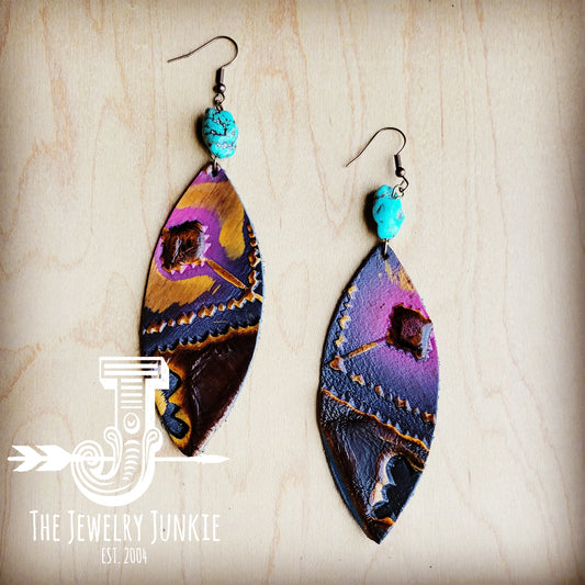 Leather Oval Earrings in Magenta Navajo w/ Turquoise Accent 215L