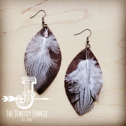 Western Leather Oval Earrings Brown with Striped Feather 216o
