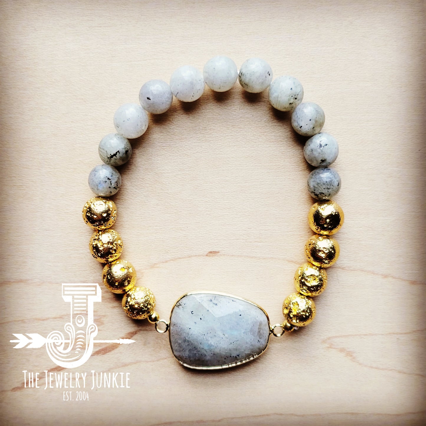 *Genuine Labradorite and Gold Stretch Bracelet w/ Center Stone 807s