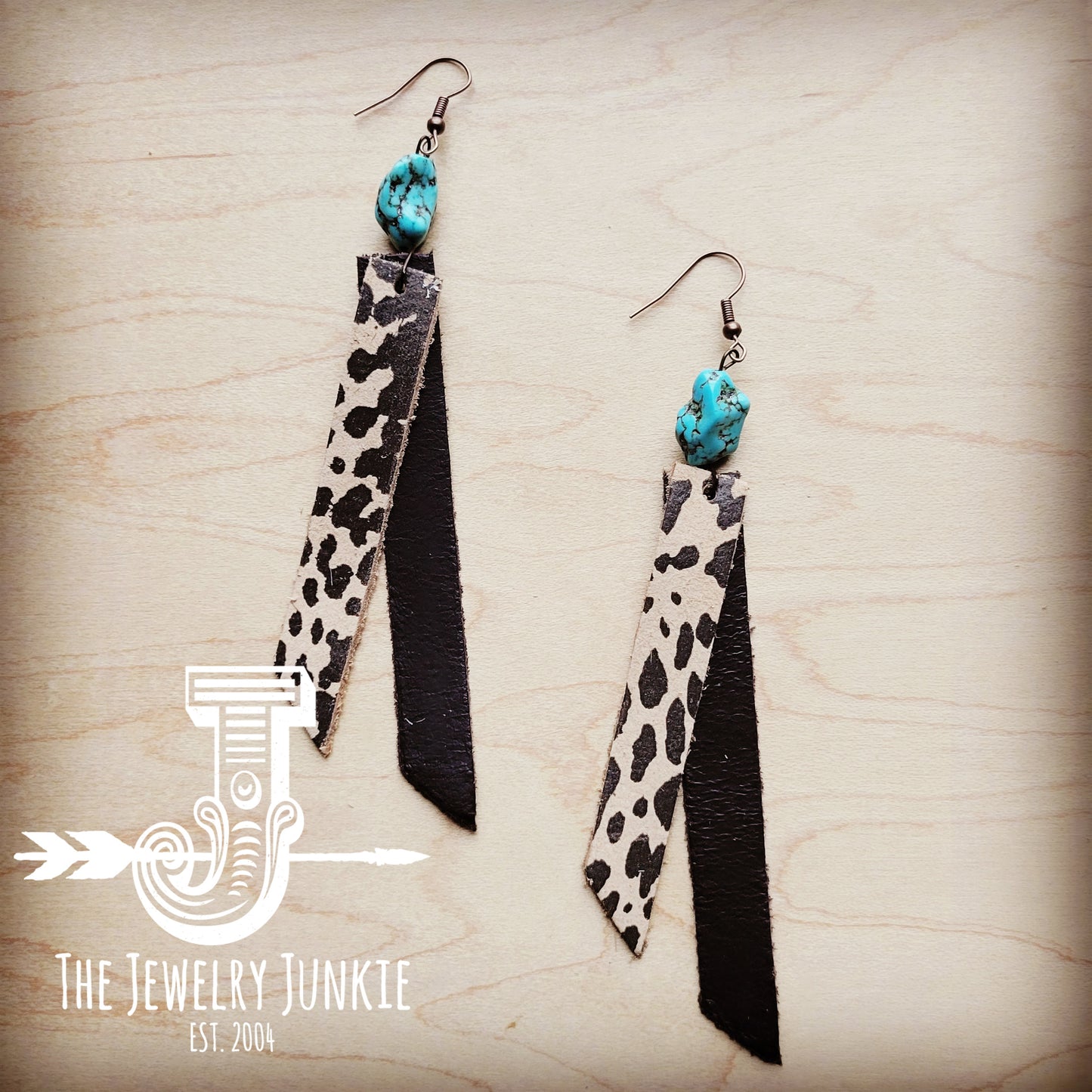 Leather Rectangle Earrings w/ Turquoise in Cheetah Suede 212y