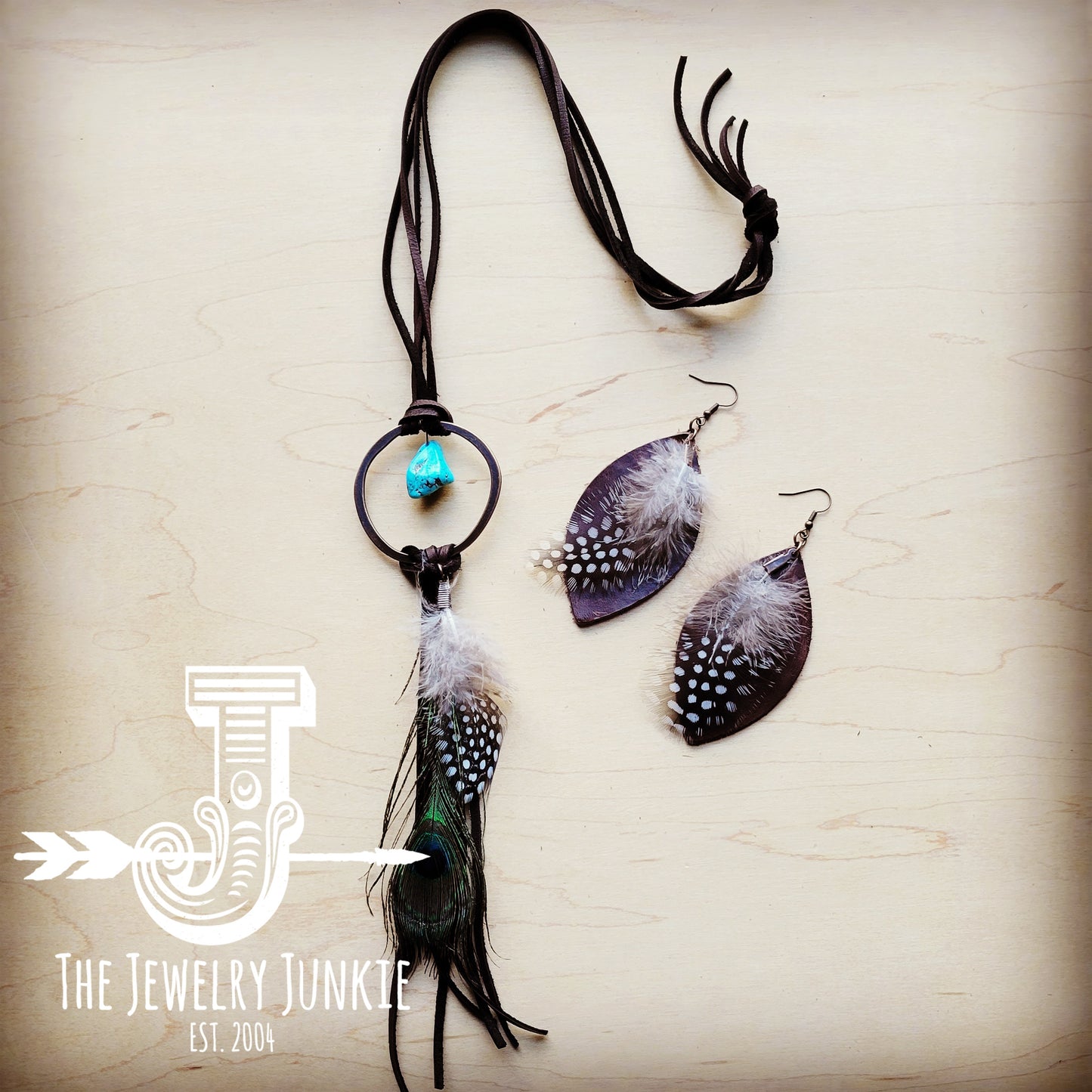 **Brown Boho Leather Necklace w/ Turquoise & Peacock Feathers 256w