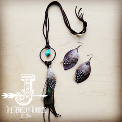 Western Leather Oval Earrings Black with Spotted Feather 216k