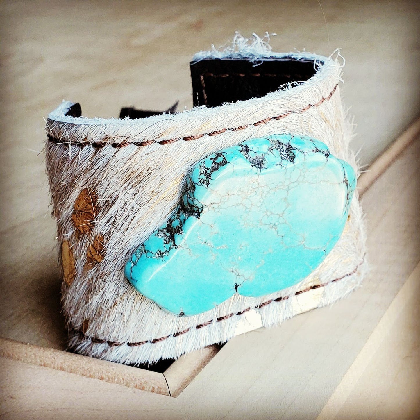 Leather Cuff w/ Tie-Gold Hair on Hide w/ Turquoise Slab 011w