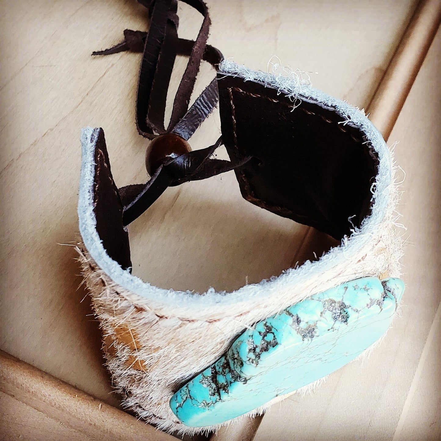 Leather Cuff w/ Tie-Gold Hair on Hide w/ Turquoise Slab 011w